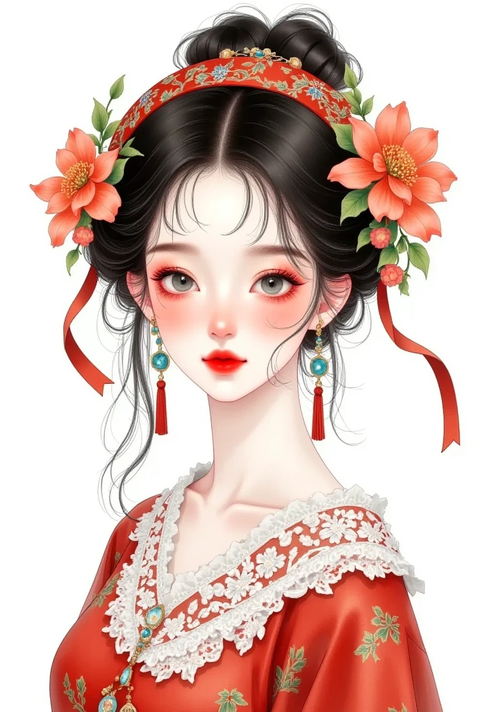 watercolor：Beautiful girl portrait ，red hanfu，clothing。 flowers cover your eyes，  messy hair ，flowing headband