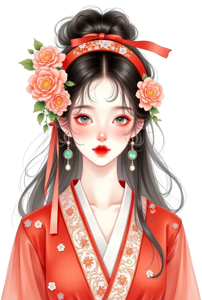 watercolor：Beautiful girl portrait ，red hanfu，clothing。 flowers cover your eyes，  messy hair ，flowing headband