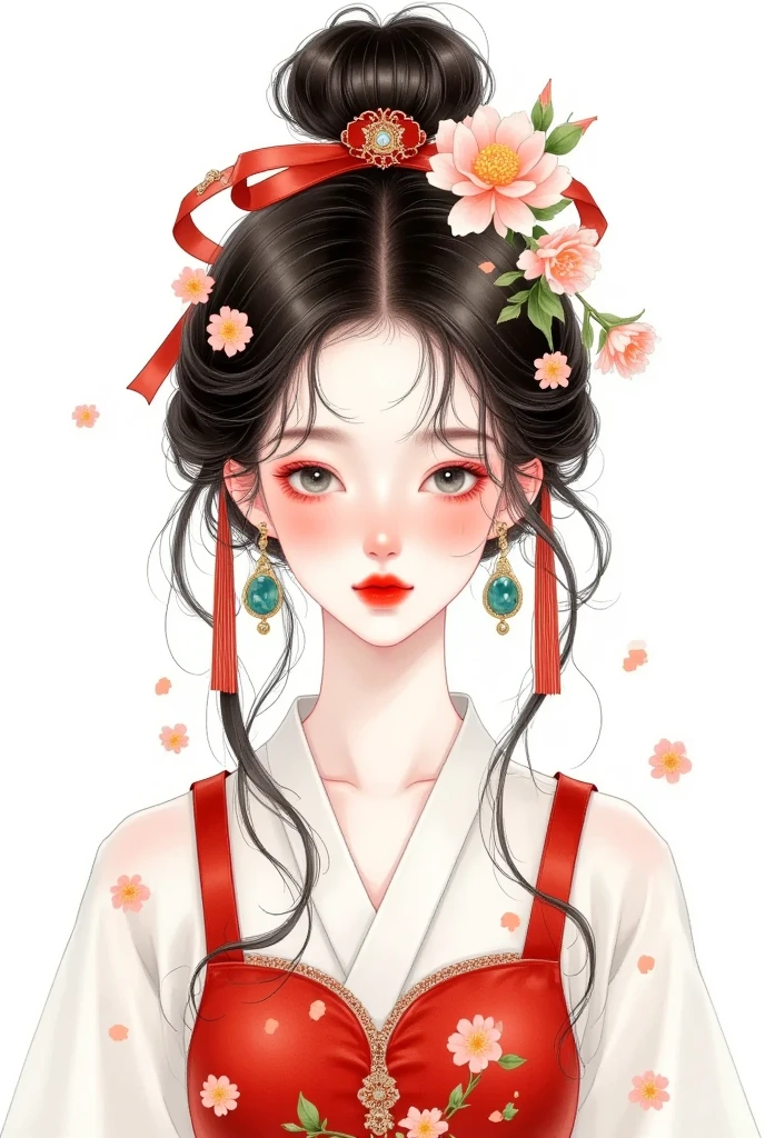 watercolor：Beautiful girl portrait ，red hanfu，clothing。 flowers cover your eyes，  messy hair ，flowing headband