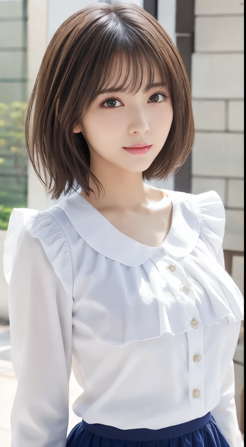 (8k, top quality, masterpiece: 1.2), (realistic, photorealistic: 1.37), super detailed, girl single, cute, solo, sitting, dating, (blush), (smile: 1.15), (closed mouth), big breasts, gaze staring at camera, breast staring at camera, fine beautiful eyes, large round eyes, clear double eyelids, eyelashes, (shirt with collar: 1.1), wet, office clothes, (Short hair: 1.2), floating NovaFrogStyle, bangs, long neck, happy smile, mouth closed, pretty face, realistic skin type, realistic texture, unbutton, light pink lip, really nothing background, really pure white background, 28 years old, high school student, no shadows on face, natural light, not thick upper lip
