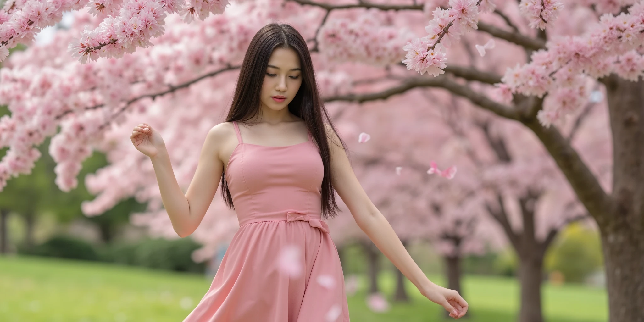 Very detailed photorealistic beauty in romantic scene, anorexic european dancing under blooming cherry tree, wearing cute summer dress, black very long hair straight and shiny, pastel petals flying in the air falling from tree, bundle of flower petals on grass ground, pastel petals flying in the air, scenequeen with perfect pink hair, UHD, Retina, 8k,large Format camera, high quality print, medium_breasts,