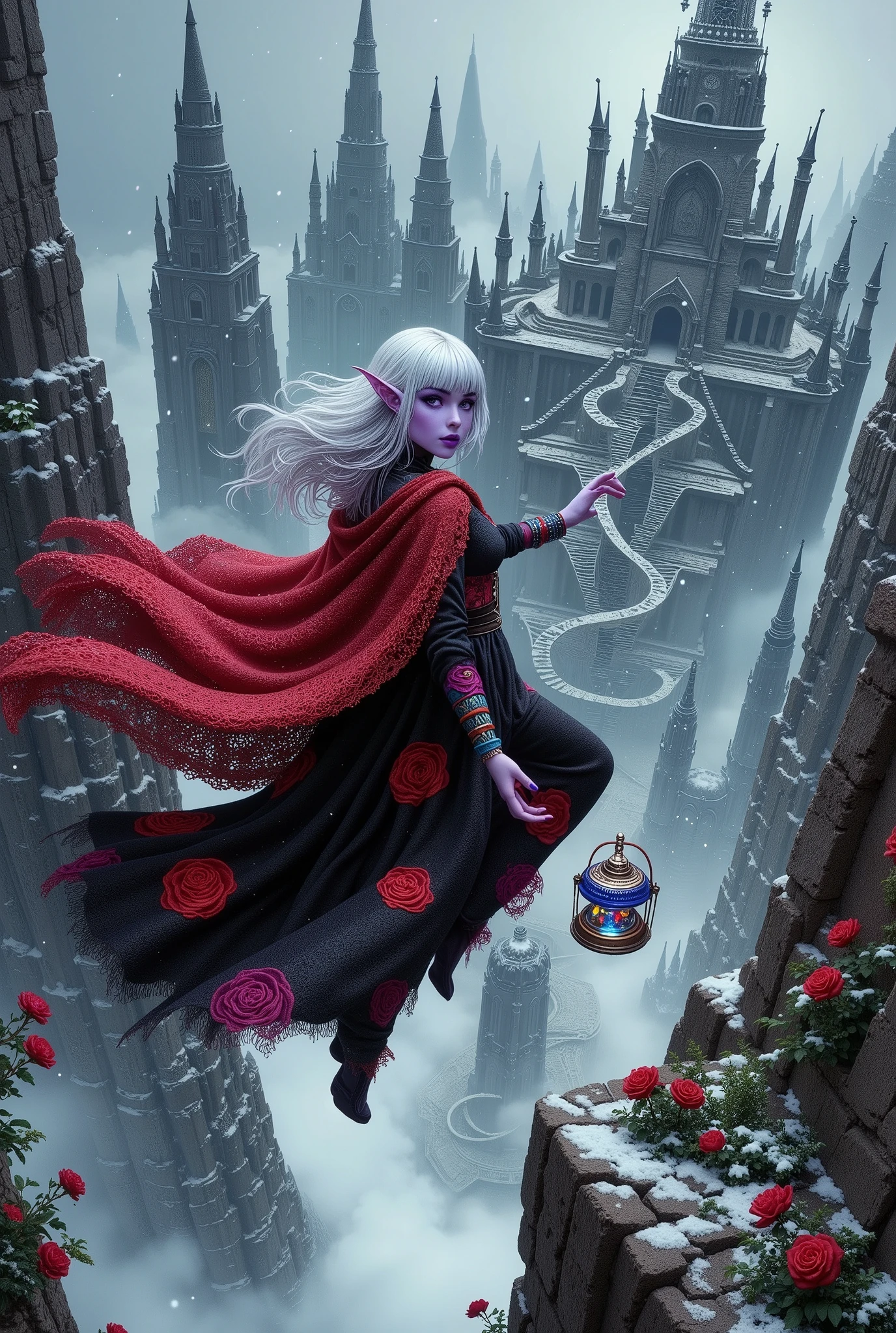 (Ultra-detailed face, Looking away, Fantasy Illustration with Gothic, Dark tone colors, Viewpoint from above looking down on the ground.), BREAK 
(A female dark elf astrologer magically floats in the air near the very tall spire of a very tall altar in a strong wind and falling snow, surrounded by a thick fog. Her hair, face, and clothes are all blown by the strong wind, and she is looking straight down from above with her back to the sky, holding a small magic lantern in her hand, in a bold pose and with large hand movements. The uninhabited ancient ruins look like a giant puzzle, a maze of spires built like forest trees around a palace and staircases that reach high into the sky and undulate like snakes. It is dark and silent, with no sign of life.), BREAK 
(The young female dark elf astrologer has white hair, white eyebrows, blunt bangs, waist-length long, messy, wavy hair, small pink lips, dark purple skin, and thick eyeliner.), BREAK 
(The dark elf astrologer wears a fiery red lacy cape with a simple orange ribbon tie. She wears a tight velour lace-up dress of jet-black fabric printed with a pattern of small crimson roses. Around her waist she wears a pareo with colorful beads woven into it. She wears moccasins with fur embellishments.), BREAK 
(This is the remains of an old, huge city, locked away by glaciers and snow. Spiral staircases and spear-like spires stand in the air, with gardens and clock towers floating in the sky. There is no sign of life.)