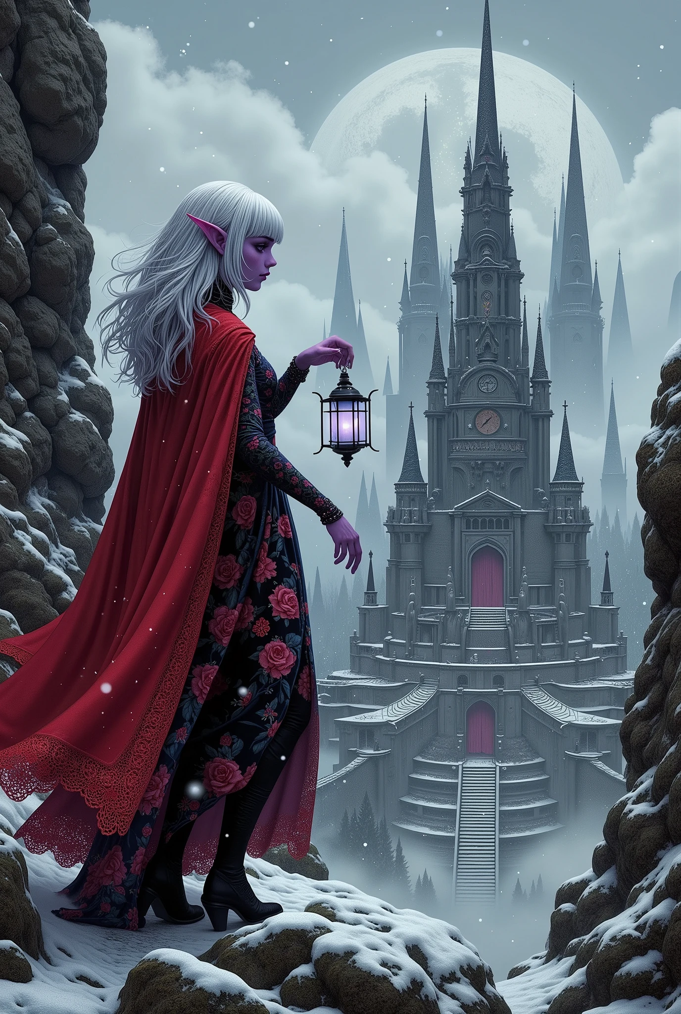 (Ultra-detailed face, Looking away, Fantasy Illustration with Gothic, Dark tone colors, Viewpoint from above looking down on the ground.), BREAK 
(A female dark elf astrologer magically floats in the air near the very tall spire of a very tall altar in a strong wind and falling snow, surrounded by a thick fog. Her hair, face, and clothes are all blown by the strong wind, and she is looking straight down from above with her back to the sky, holding a small magic lantern in her hand, in a bold pose and with large hand movements. The uninhabited ancient ruins look like a giant puzzle, a maze of spires built like forest trees around a palace and staircases that reach high into the sky and undulate like snakes. It is dark and silent, with no sign of life.), BREAK 
(The young female dark elf astrologer has white hair, white eyebrows, blunt bangs, waist-length long, messy, wavy hair, small pink lips, dark purple skin, and thick eyeliner.), BREAK 
(The dark elf astrologer wears a fiery red lacy cape with a simple orange ribbon tie. She wears a tight velour lace-up dress of jet-black fabric printed with a pattern of small crimson roses. Around her waist she wears a pareo with colorful beads woven into it. She wears moccasins with fur embellishments.), BREAK 
(This is the remains of an old, huge city, locked away by glaciers and snow. Spiral staircases and spear-like spires stand in the air, with gardens and clock towers floating in the sky. There is no sign of life.)