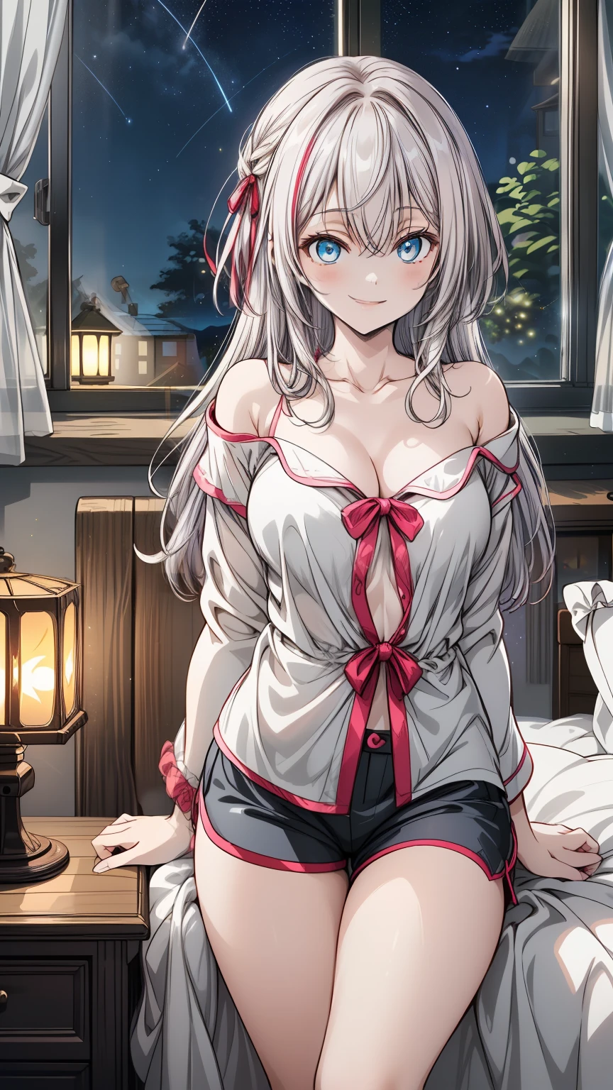 masterpiece, best quality, blkhanekawa, very long hair, cat ears, slit pupils, large breasts, white dress, red ribbon, bedroom, bed, sitting, looking at viewer, fangs