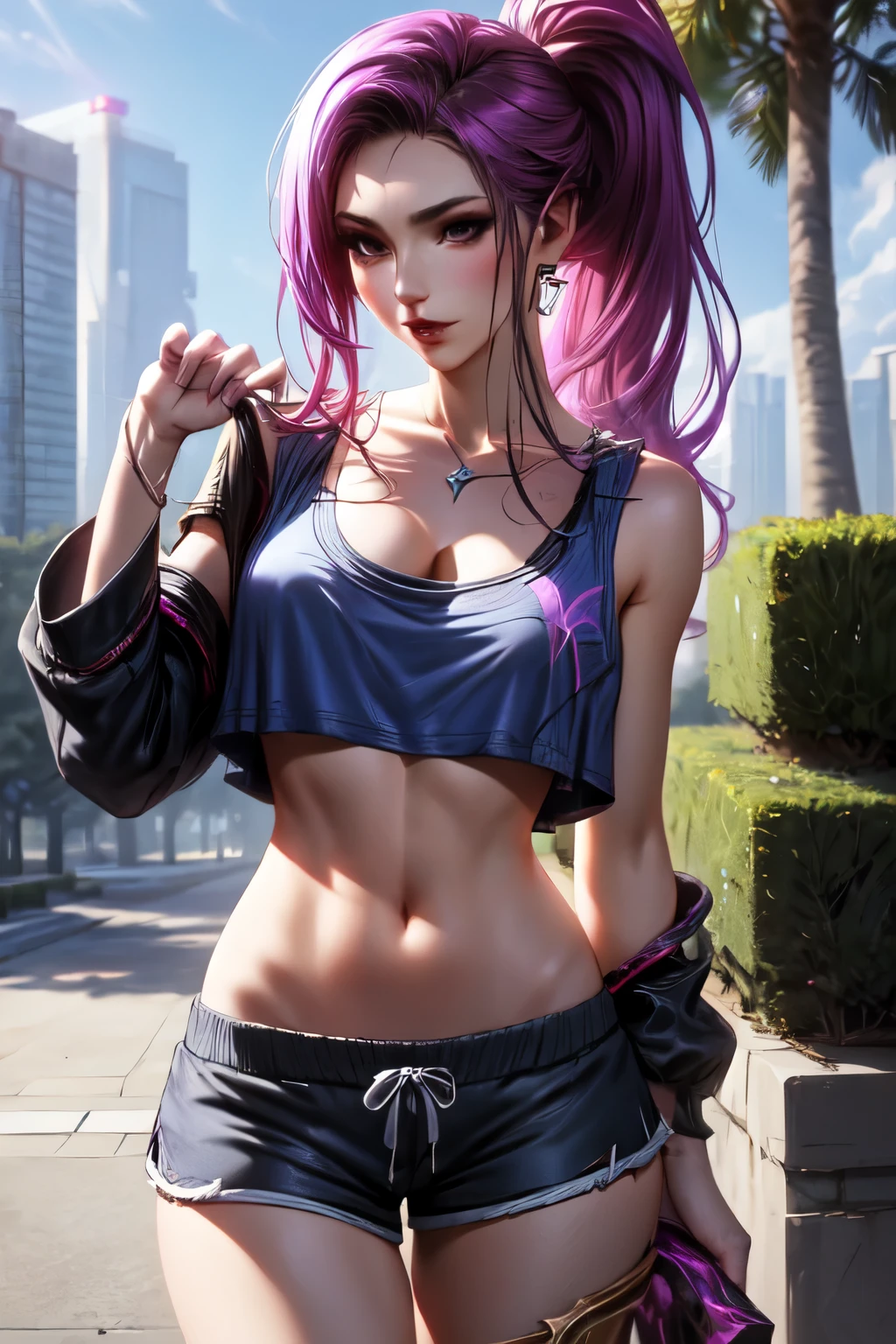  kai'sa Ligue dos Legendarios,  long hair,  ponytail ,  perfect body, de shorts, Bra under tank top , In a park ,  high resolution,  super detail , 8k,  Overview .