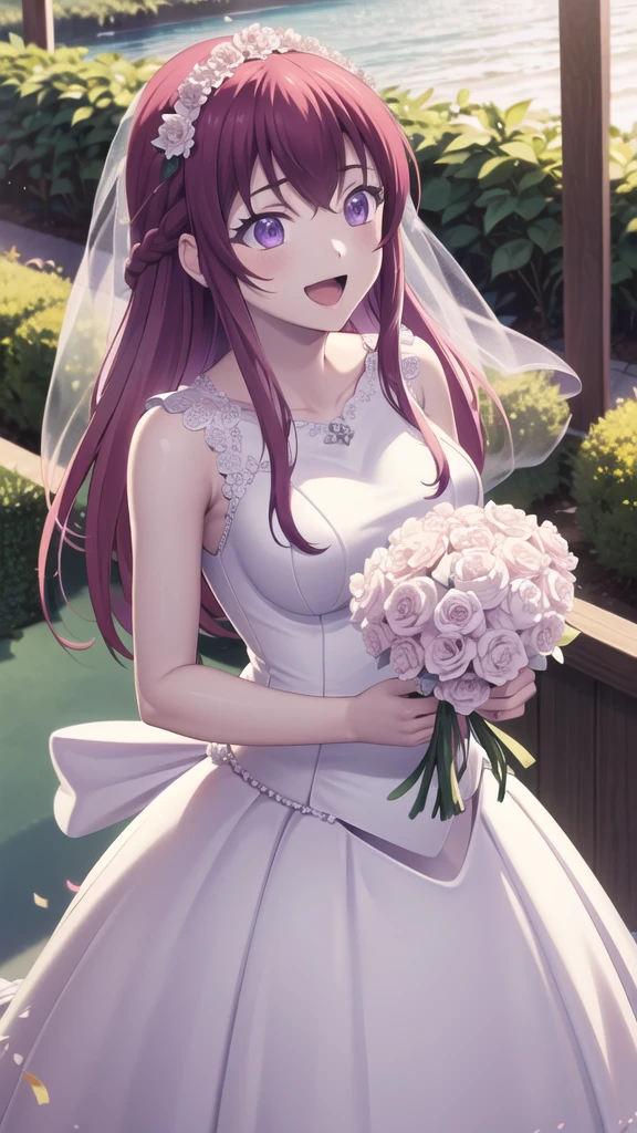 masterpiece, best quality, highres, 1girl, solo, long hair, purple hair, braid, purple eyes, wedding Dress, standing, garden, confetti, holding bouquet, smile, open mouth,