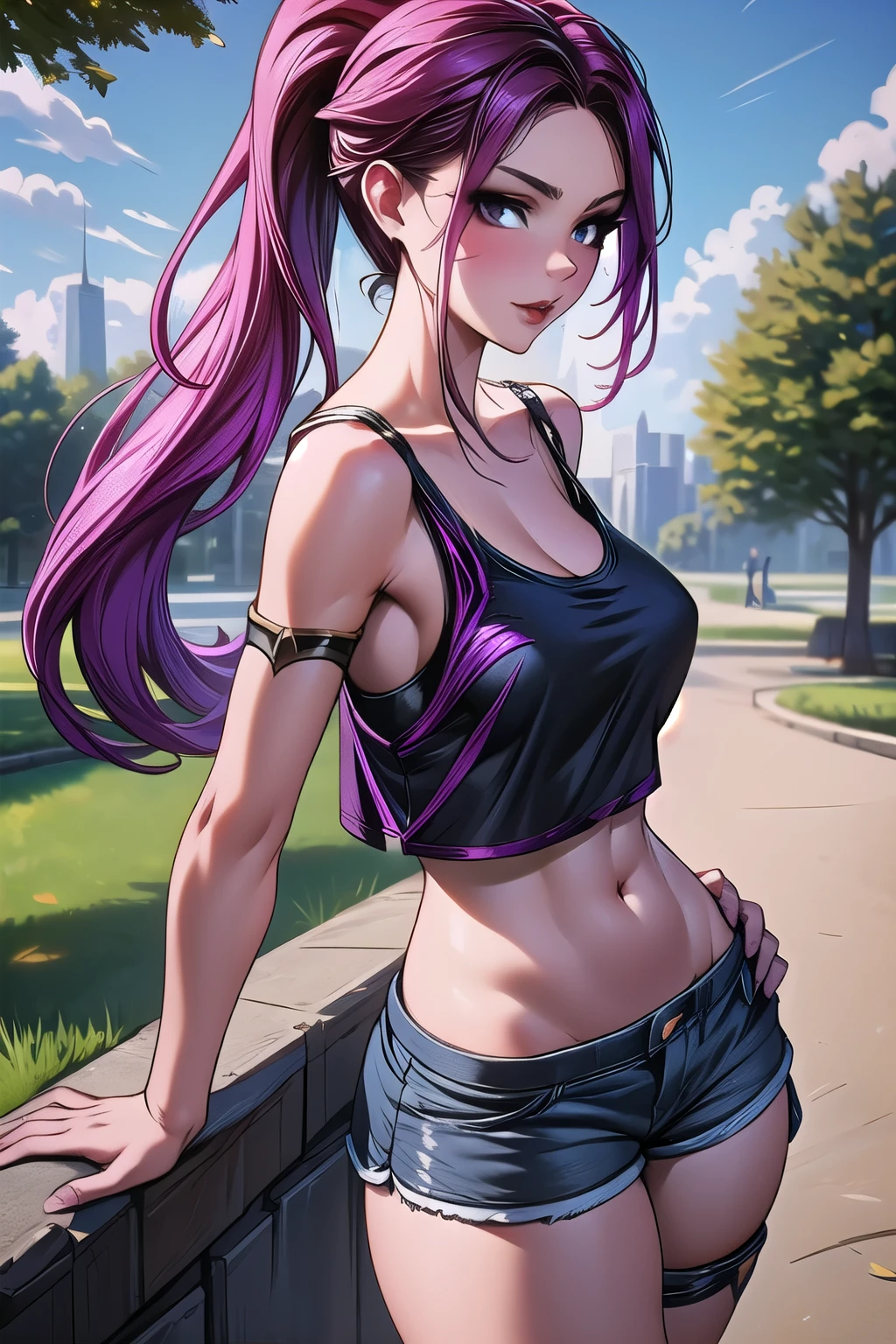  kai'sa Ligue dos Legendarios,  long hair,  ponytail ,  perfect body, de shorts, Bra under tank top , In a park ,  high resolution,  super detail , 8k,  Overview .