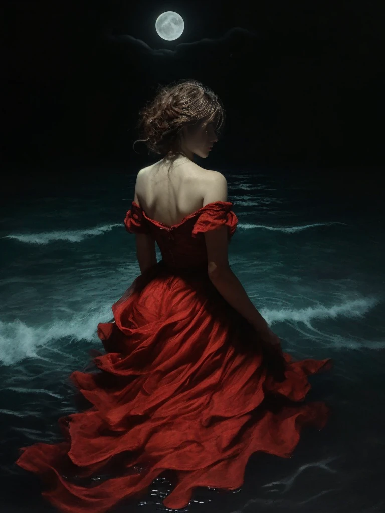  Very detailed dark painting of a woman with a backwards pose who turns to look at the viewer dressed in a red Victorian dress with disheveled hair that is almost drowning in the dark sea.  The scene is a masterpiece and is painted in a Renaissance oil painting style .
 The ocean reflects brightness and deep shadows and the sky is completely black and only the moon can be seen .
The play of light and shadow accentuates the dramatic ambience of the dark digital fantasy . 