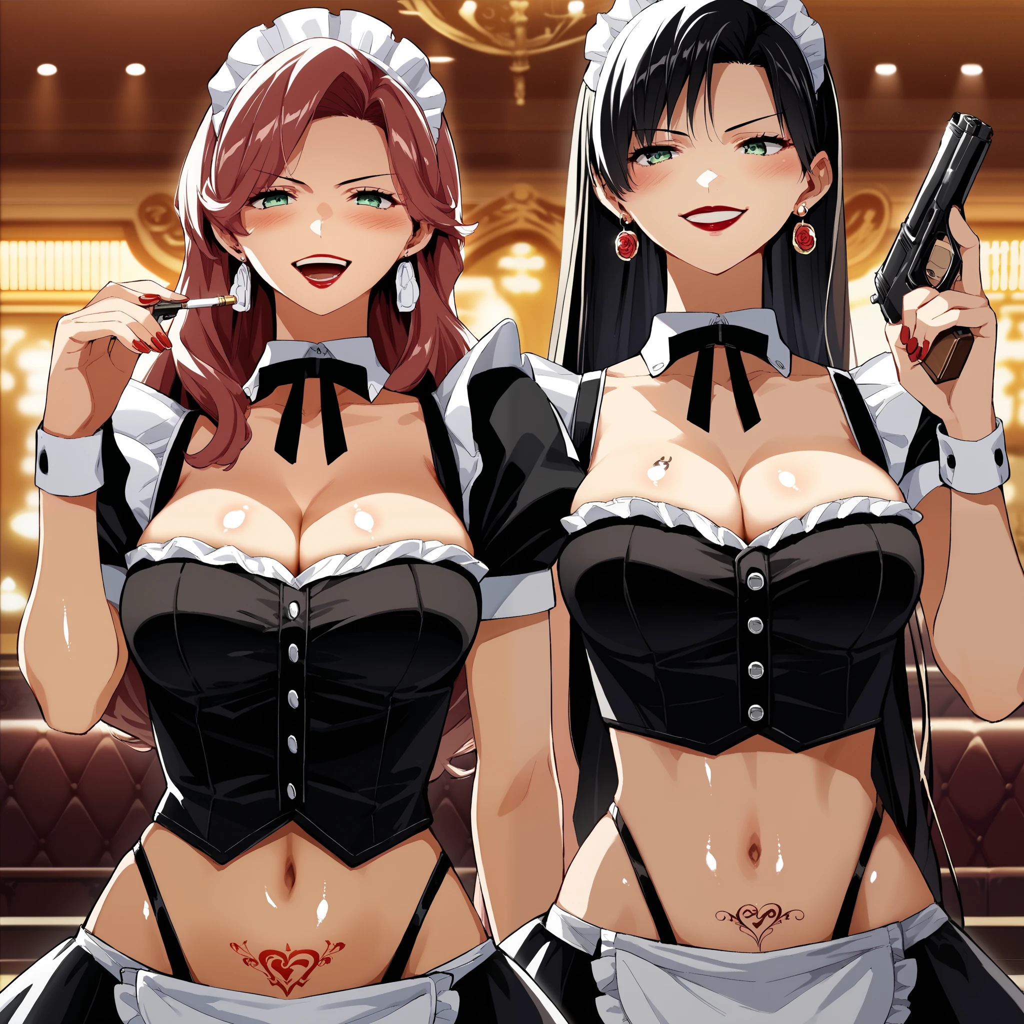 takahiro_style, 2girls, two girls, smirk, long hair, blush, lipstick, Hot girl, baddie, anime color, large breast,, smoking, sensual, attractive,jewelry, earrings, complex detailed background, casino environment, fancy interior environment, rich
interior, masterpiece, best quality, highly detailed, a anime girl in maid uniforms, holding pistol, maid
outfit, cleavage, evil smile, smile, open mouth ,ecchi anime style, anime girls, ecchi style, ecchi, digital
anime art!!, in anime style, official artwork, (nsfw) not safe for work, beautiful anime maid girl, anime
style 4 k, micro skirt, exposed belly, exposed navel, exposed midriff, exposed lower belly, holding a gun,, 
, tattoo, rose tattoo, tattoo midriff,  shiny skin