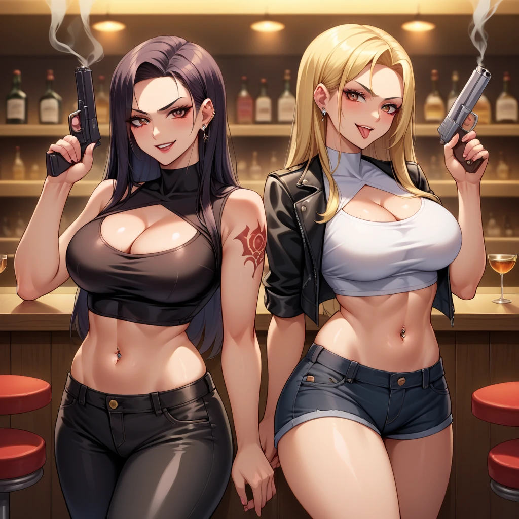  2girls, two girls, smirk, long hair, blush, lipstick, Hot girl, baddie, anime color, large breast,, smoking, sensual, attractive,bar background, inside bar,indoors, masterpiece, best quality, highly detailed, a girls with a gun, evil smile , open mouth, sexy gaze, badass
pose , evil smile, smile, (nsfw) not safe for work, guns blazing, anime girl with long hair, beautiful long
haired girl, navel, evil expression, exposed belly, exposed navel, exposed midriff, exposed lower belly,
long black pants, crop top, cleavage, unbuttoned leather pants ,open fly, low rise black leather pants,
leather jacket, holding a gun, holding pistol,, navel piercing, tattoo, rose tattoo, tattoo midriff, shiny skin, tongue out