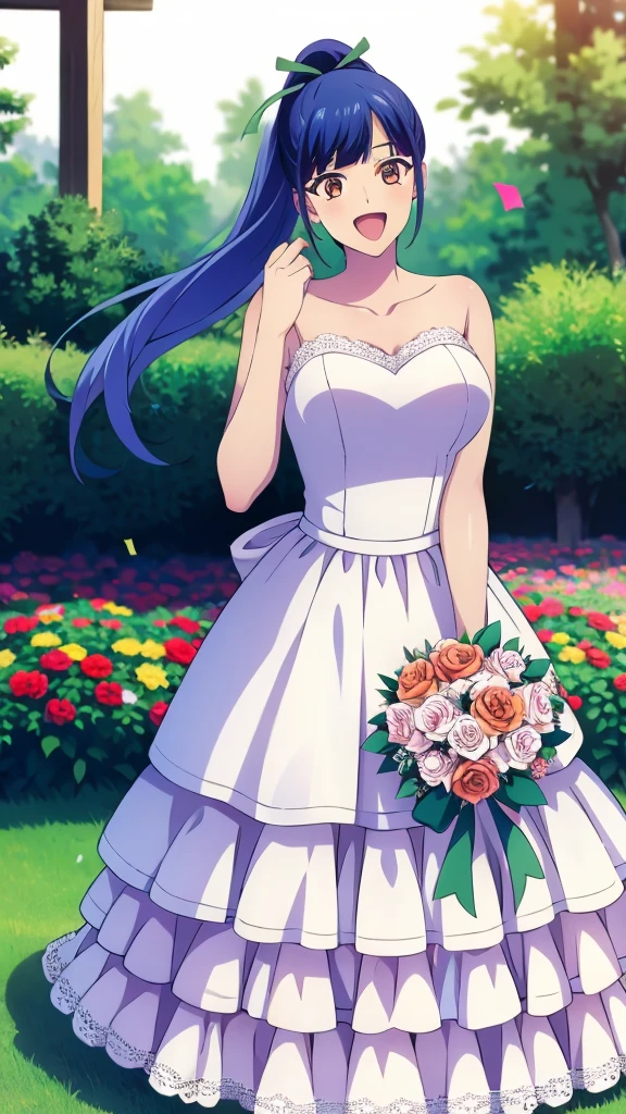 masterpiece, best quality, highres, 1girl, solo, long hair, blue hair, ponytail, hair ribbon, Brown Eyes, wedding Dress, standing, garden, confetti, holding bouquet, smile, open mouth,