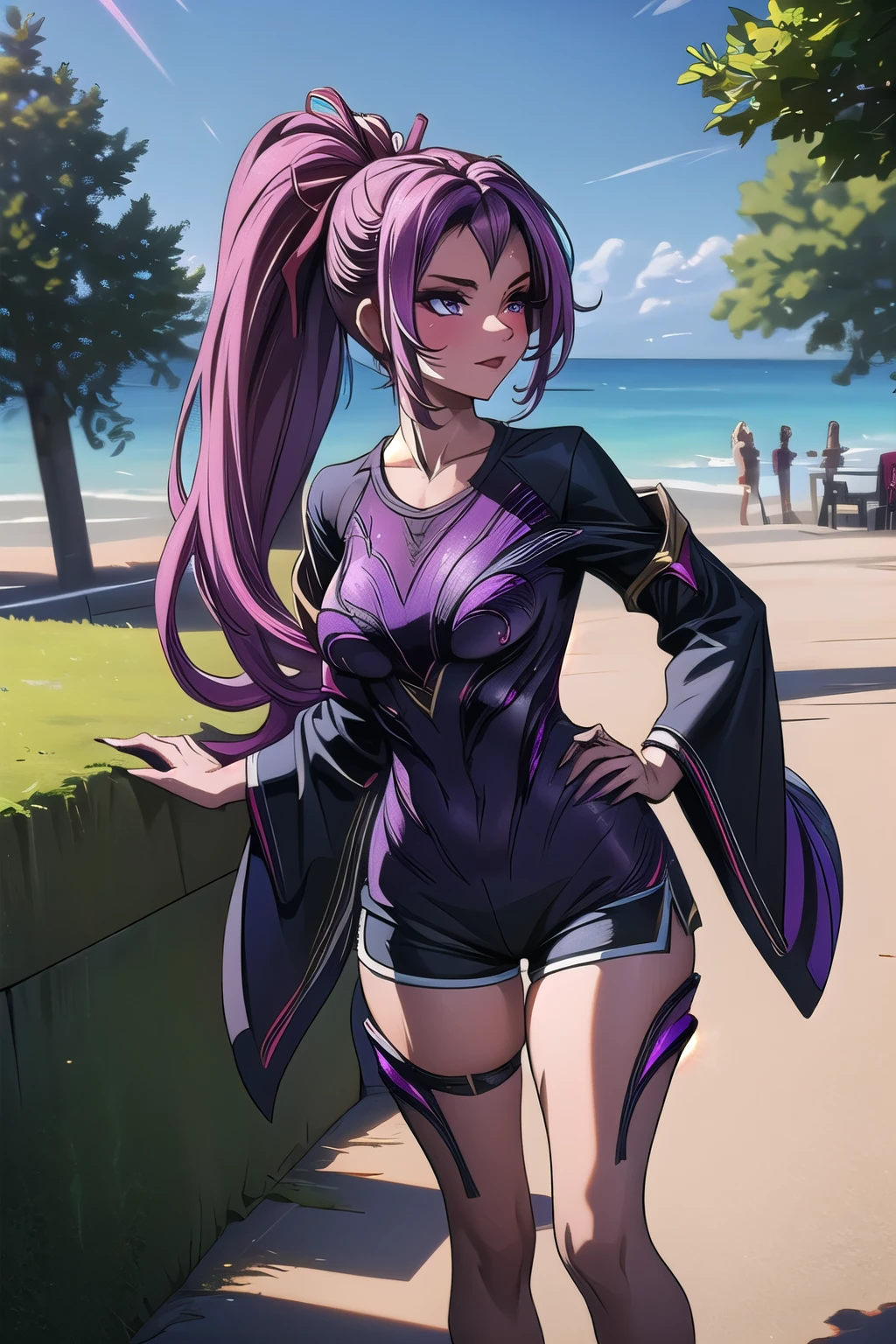  kai'sa Ligue dos Legendarios,  long hair,  ponytail ,  perfect body, de shorts, dakini , In a park ,  high resolution,  super detail , 8k,  Overview .