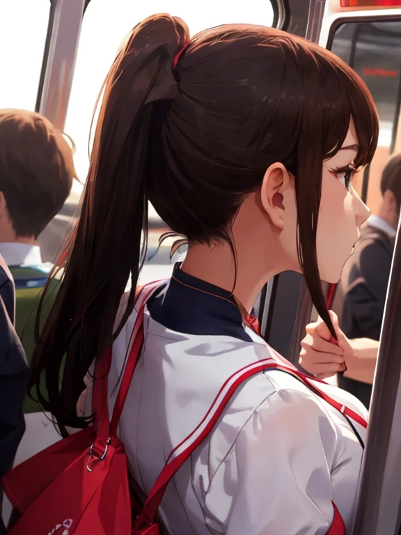   best quality , high definition , 8k, cute  girl, Raise Your Side at a Chinese Restaurant , Perfect Skin,Big Breasts, sailor suit 、 super close front shot of sexy back neck、Close-up of posterior neck seen from directly behind、 in a crowded train