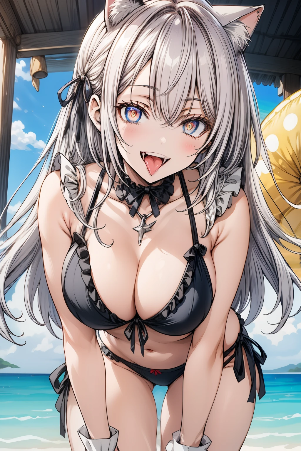   masterpiece  ,   Best Quality ,   silver hair, blkhanekawa  ,  cabello muy largo ,   Cat Ears,   constricted pupils ,   Big breasts, Ruffle well , Ornaments,   frilled panties  ,   leaning forward , (bikini) down, Open your mouth, smile, fang,   Looking at the viewer 