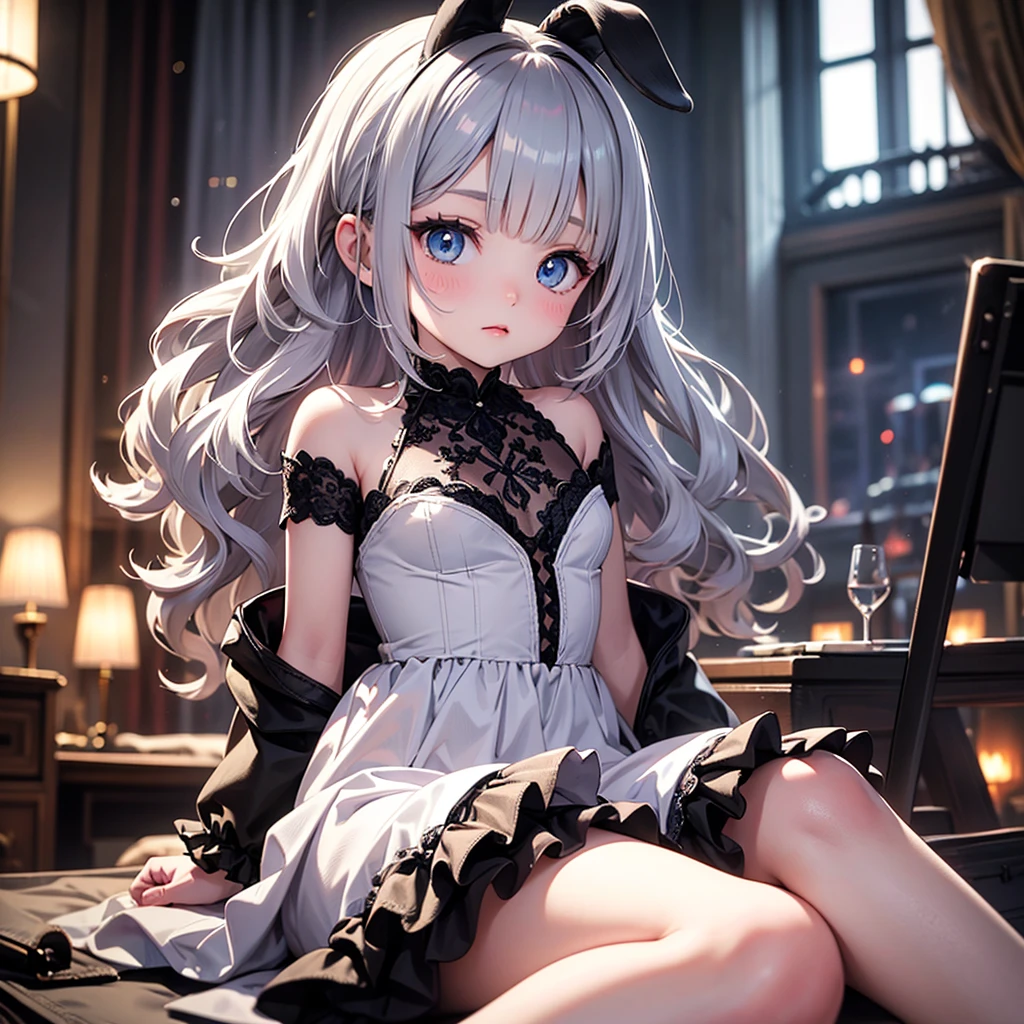 silver hair, dog ears,frill dress,wavy hair,delicate features quiet gaze,beautiful half body illustration,beautiful backgraund,atmospheric lighting,sharp focus,cute face,reduce saturation,fine detailed face,small nose and mouth,volumetric top lighting,bold line painting, soft shadow,1girl,solo,female focus,small breasts,flat tits,Lolita,short height,skinny girl,blue eyes,open legs,animal ears,
