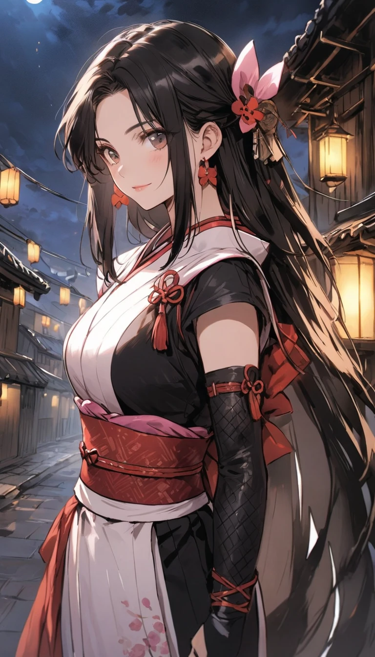 Beautiful girl, Female ninja,Female Ninja、 Short Red Hair, Sparkling brown eyes, (arms、Kunai), a purple and pink , (lit),Thighs、 Castle town background at night, Japanese Castle Town、Complex details,(highest quality、masterpiece、High resolution、detailed)、anime style、Flat Style、(Shining Eyes、Beautiful Face), BREAK,extremely detailed(The Shining), Best lighting, Best Shadow、High saturation、Dynamic Angle、anime