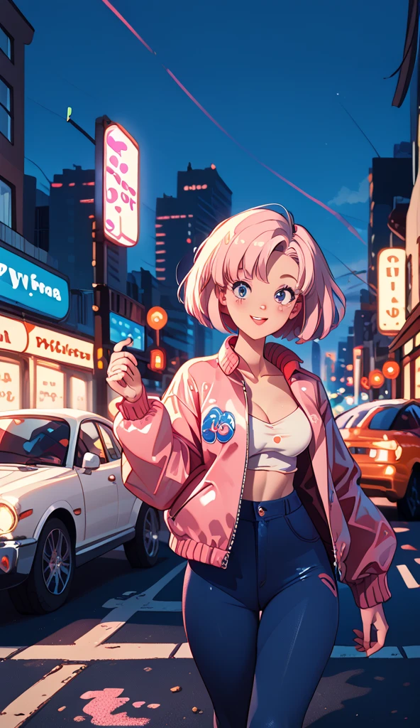 ((masterpiece)) ((anime)) ((Highest quality)) An anime-style illustration inspired by city pop aesthetics. The scene features a stylish young woman walking through a vibrant city at night. The cityscape is illuminated by neon signs and streetlights, with a palette dominated by soft blue and pink tones. The woman's outfit is modern yet casual, complementing the retro city pop vibe. The composition emphasizes the lively yet nostalgic atmosphere, with detailed urban elements like cars, buildings, and glowing signs blending harmoniously with the character's expressive design.