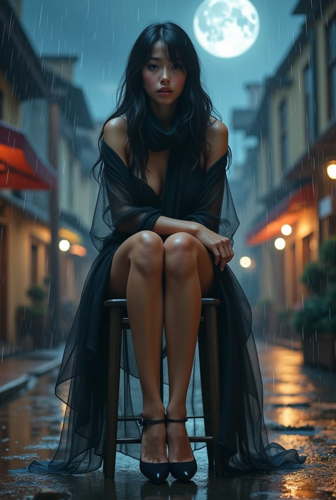 A photorealistic girl with a mesmerizing gaze, sitting on a high stool in the center of the town square, with folded arms on the chest, battered by a torrential windstorm and heavy rain, wrapped with a flowing long tulle scarf, showcasing flawless legs and heels,  with raven-black long hair, set against a dark city sidewalk, with dimmed lights, mist, and dripping water, under the ominous glow of a full dark moon, her eyes locked intensely on the sky. Low close angle shot