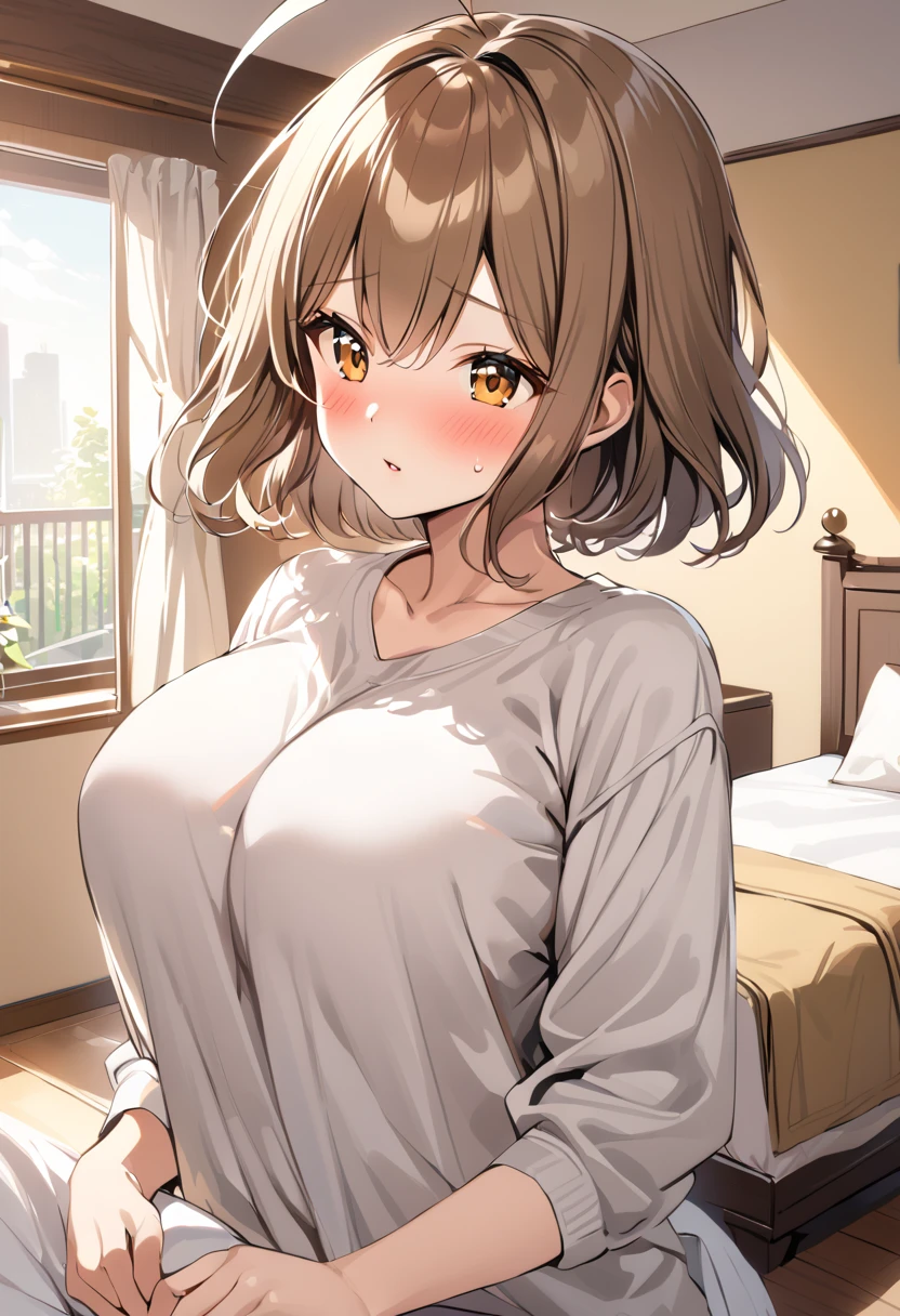 anisrnd, ahoge, short hair, brown hair, large breasts,indoor,bedroom,blush