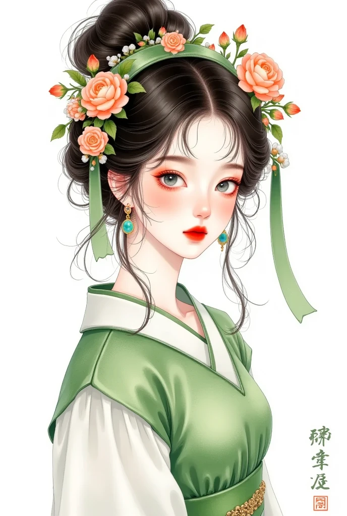 watercolor：Beautiful girl portrait ，green hanfu，clothing。 flowers cover your eyes，  messy hair ，flowing headband