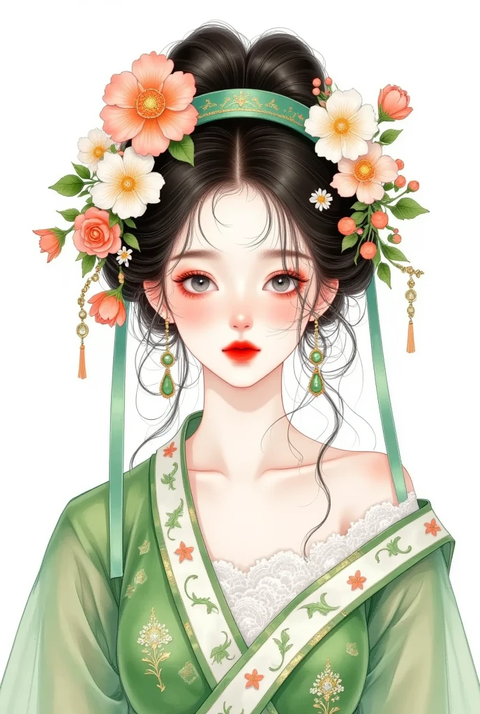 watercolor：Beautiful girl portrait ，green hanfu，clothing。 flowers cover your eyes，  messy hair ，flowing headband