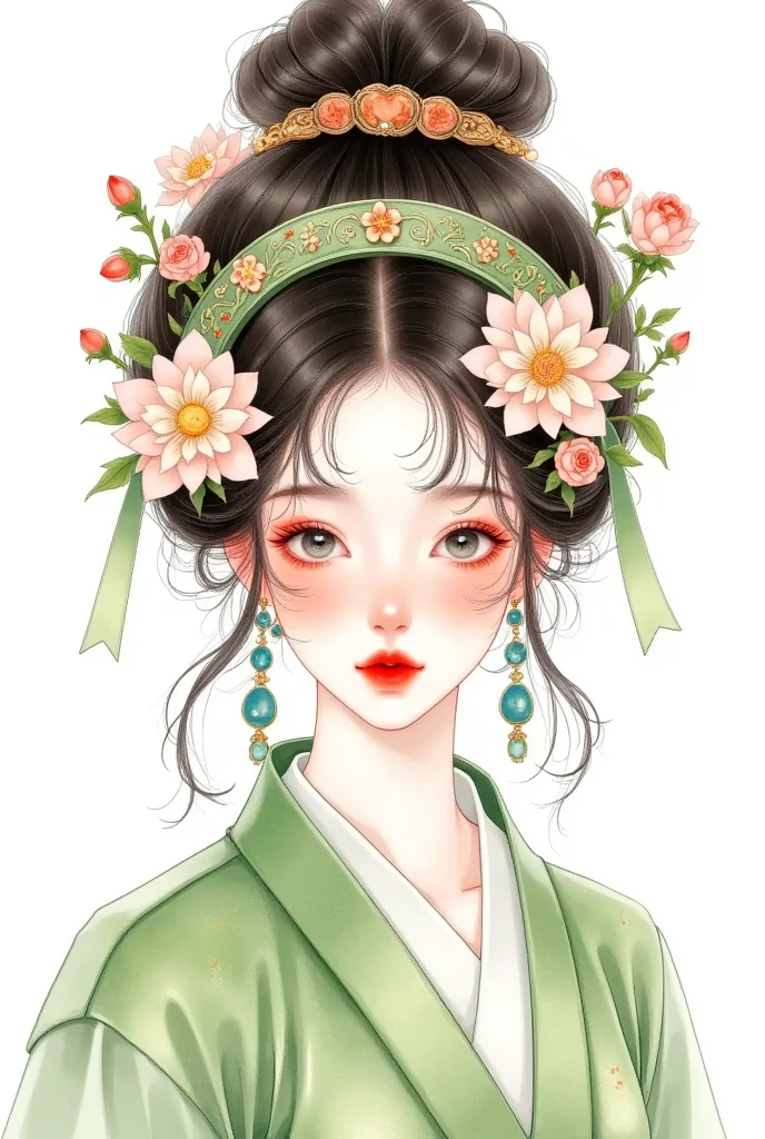 watercolor：Beautiful girl portrait ，green hanfu，clothing。 flowers cover your eyes，  messy hair ，flowing headband