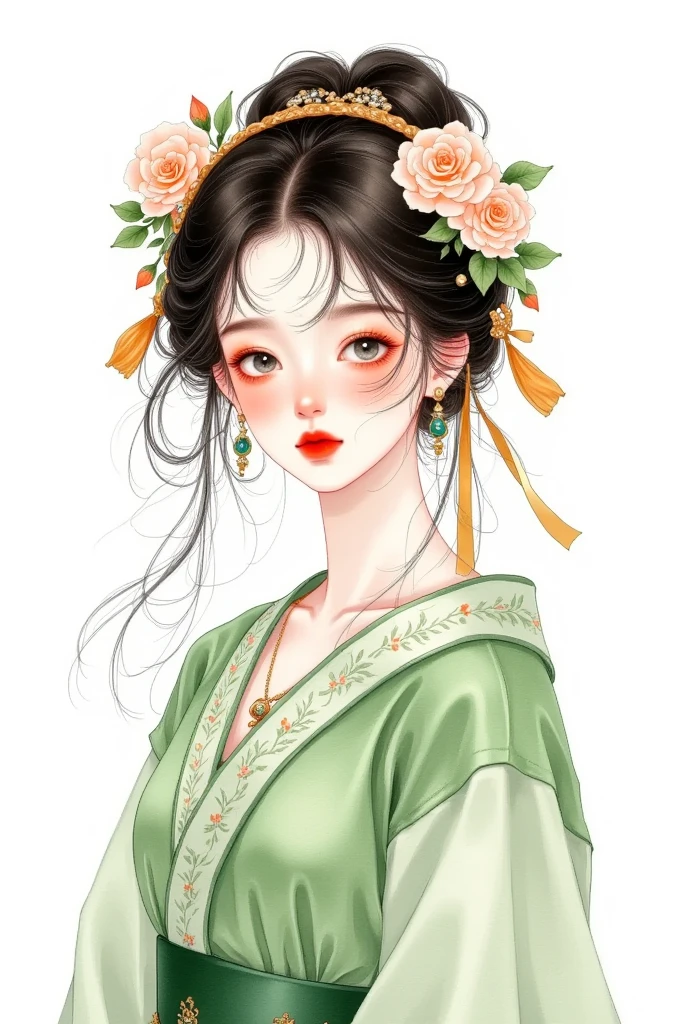 watercolor：Beautiful girl portrait ，green hanfu，clothing。 flowers cover your eyes，  messy hair ，flowing headband