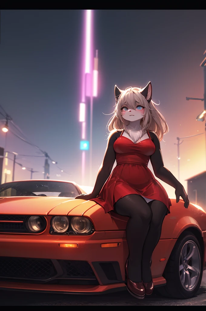 ((Masterpiece)), ((Best Quality)), (Very Detailed), ((Very Detailed)), 4K, (8K), very aesthetic, absurdres highres, 1 woman, (anthropomorphic cat, furry, kemono:1.5), A beautiful female model stands next to a metallic vintage car on a city street corner at sunset. She strikes a graceful pose and is photographed from a low angle. The car's bumper and classic wheels shine, buildings in the background is depicted in detail. looking at viewer