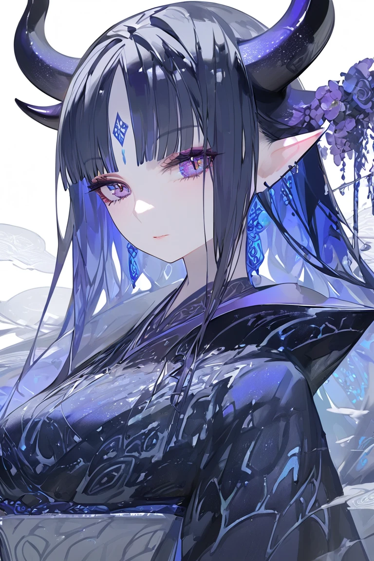 A mysterious and cute beautiful female demon. Her deep midnight blue hair cascades in waves, with black streaks shimmering with a violet sheen. Her sleek, curved horns resemble polished obsidian, etched with glowing ancient runes. Her eyes glow softly with an iridescent silver hue, touched with hints of indigo. 