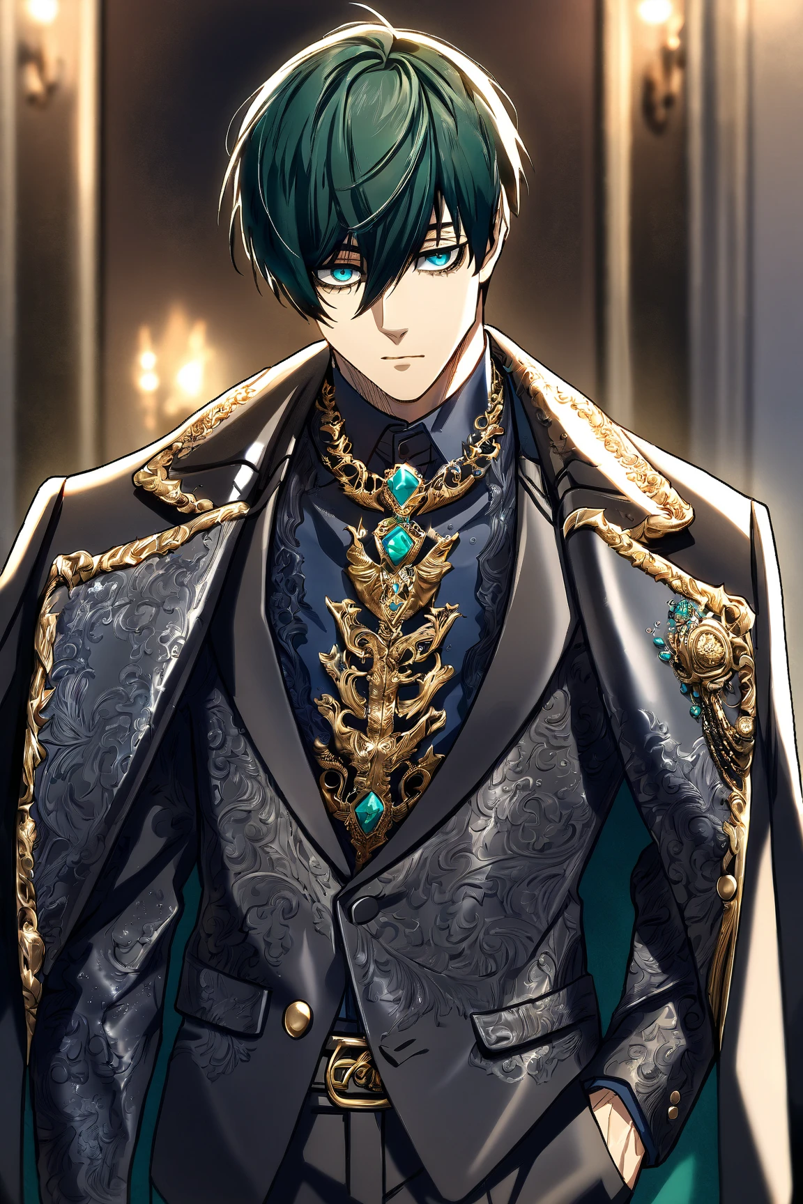 masterpiece, best quality, absurdres, ultra detailed, HDR, male focus, 1boy, itoshi rin, Blue Lock, soft smile, extremely detailed face and eyes, teal eyes, underlashes, dark green hair, short hair, sexy man, handsome, (cool, high fashion, Fantasy Male Outfits, coat over shoulders, black jacket, black pants), solo, sensual, glittering, inside manor, professional lighting