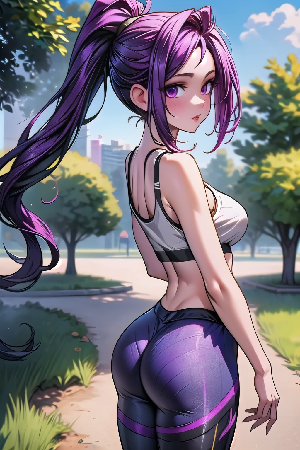  kai'sa Ligue dos Legendarios,  with back to the viewer ,  long hair,  ponytail ,  perfect body, Better Leggins, Bra under tank top , In a park ,  high resolution,  super detail , 8k,  Overview .