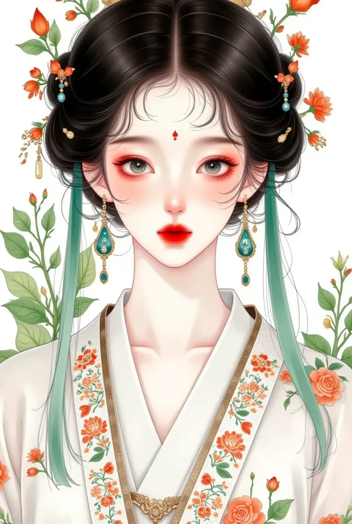 An illustration of an elegant woman, with black hair and green eyes, wearing earrings shaped like leaves and flowers in her ear lobes. She is dressed in traditional attire featuring intricate patterns inspired by nature, such as peonies or birds. The background features lush foliage and trees, creating a harmonious blend between the opulence of ancient China and its connection to natural beauty. The illustration is in the style of colored pencil.
