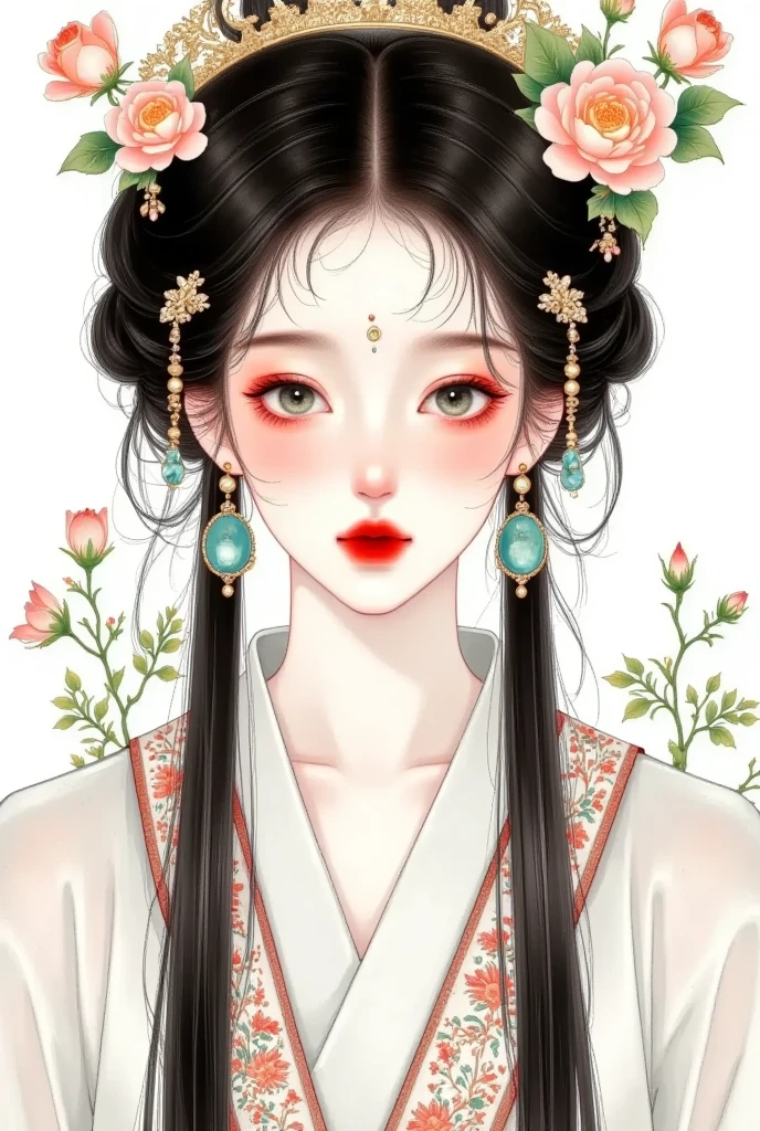 An illustration of an elegant woman, with black hair and green eyes, wearing earrings shaped like leaves and flowers in her ear lobes. She is dressed in traditional attire featuring intricate patterns inspired by nature, such as peonies or birds. The background features lush foliage and trees, creating a harmonious blend between the opulence of ancient China and its connection to natural beauty. The illustration is in the style of colored pencil.
