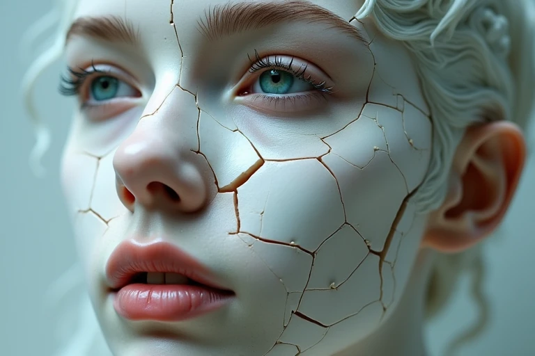 Semi Rotted Face Illusion of a fragmented face in a close-up photo, a face broken like ...