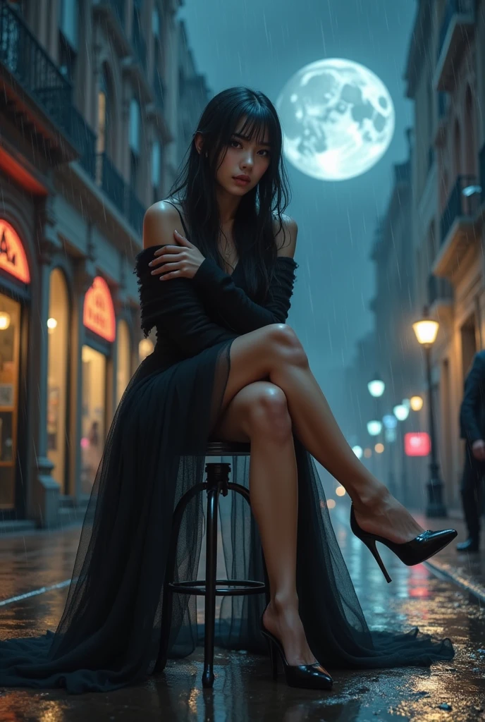 A photorealistic girl with a mesmerizing gaze, sitting on a high stool in the center of the town square, with folded arms on the chest, battered by a torrential windstorm and heavy rain, wrapped with a flowing long tulle scarf, showcasing flawless legs and heels, crossing legs,  with raven-black long hair, set against a dark city sidewalk, with dimmed lights, mist, and dripping water, under the ominous glow of a full dark moon, her eyes locked intensely on the sky. Low close angle shot