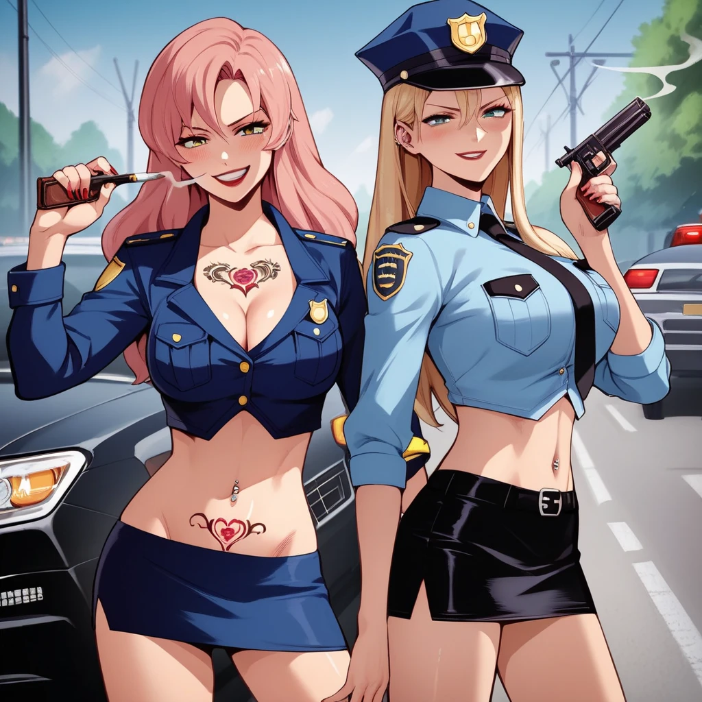 takahiro_style, 2girls, two girls, smirk, long hair, blush, lipstick, Hot girl, baddie, anime color, large breast,, smoking, sensual, attractive,masterpiece, best quality, highly detailed, a anime girl in police uniforms , police outfit, military outfit,
open mouth, cleavage, evil smile, smile, ecchi anime style, anime girl, digital anime art!!, in anime
style, (nsfw) not safe for work, official artwork, , beautiful anime girl, anime style 4 k, micro pencil
skirt, pencil skirt, micro skirt, exposed
belly, exposed navel, exposed midriff, exposed lower belly, holding a gun, holding pistol,next to police
car,outdoor,street,road, police car, navel piercing,, 
, tattoo, rose tattoo, tattoo midriff,  shiny skin