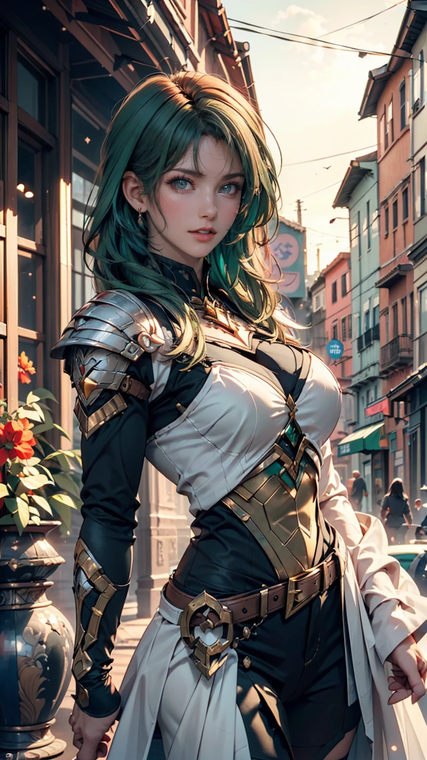 perfect eyes:1.2, detailed eyes:1.4, Ikelos, large breasts, beautiful body, white thighhighs, smile, gloves, bare shoulders, sleeveless, elbow gloves, fingerless gloves, bridal gauntlets, brown gloves, armor, pleated skirt, long hair, hair ornament, green eyes, sidelocks, jewelry, earrings, green hair, hair bow, hair between eyes, braid, up, twin braids, white bow, 1girl, medium full shot, thigh-level shot, (masterpiece:1.6, best quality),