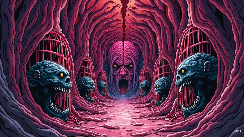 A monster stands at the back of the train, trying to devour it. Night, psychedelic, surreal, bloody