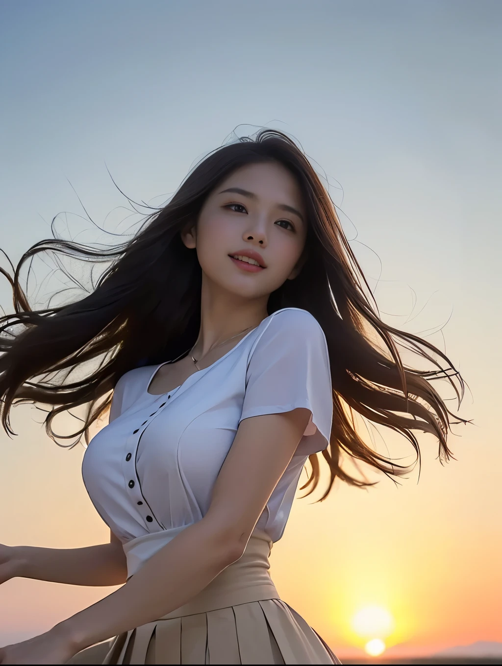 ((smile))、((Shot from below with a wide-angle lens))、(Hair swaying in the wind)、Clear blue sky、Cumulonimbus clouds in the distance、White collared shirt、(((Looking up at the sky)))、Japanese、female、Dazzling Sun、((Highest quality)), ((masterpiece)), (detailed), ((Highest quality))、8k、High resolution、Perfect Face, Japanese、28 years old、female、light light brown hair、Cleavage、Perfect Anatomy、Anatomically correct body、