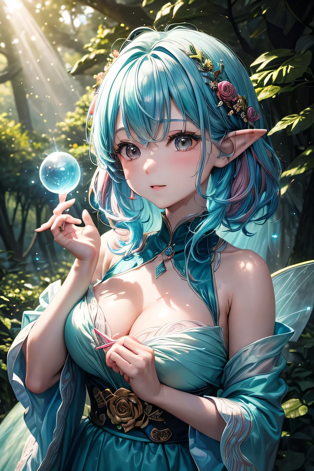 forest fairy,pixie cut,(((fairy wings:1.3))),(((The light of the orb envelops the fairy:1.3))),deep in the forest,sunlight,(((anime character:1.3))),Anime-like fantasy world,(((girl sitting:1.3))),,flower hair ornament,,Disturbance of clothing due to movement,Breast flick,(((emphasize the chest:1.3))),(((Enhance your driving motion with motion blur effects:1.3))),(dynamic angle),(Dynamic and sexy poses),(leaning forward:1.3),big breasts,dream-like目,A smile that confuses the viewer,dream-like,professional lighting,realistic shadow,focus only,fold your hands behind your back,hide your hands、Detailed features of the garment,Detailed characteristics of hair,(table top,highest quality,Ultra high resolution output image,) ,(8K quality,),(Image mode Ultra HD,)