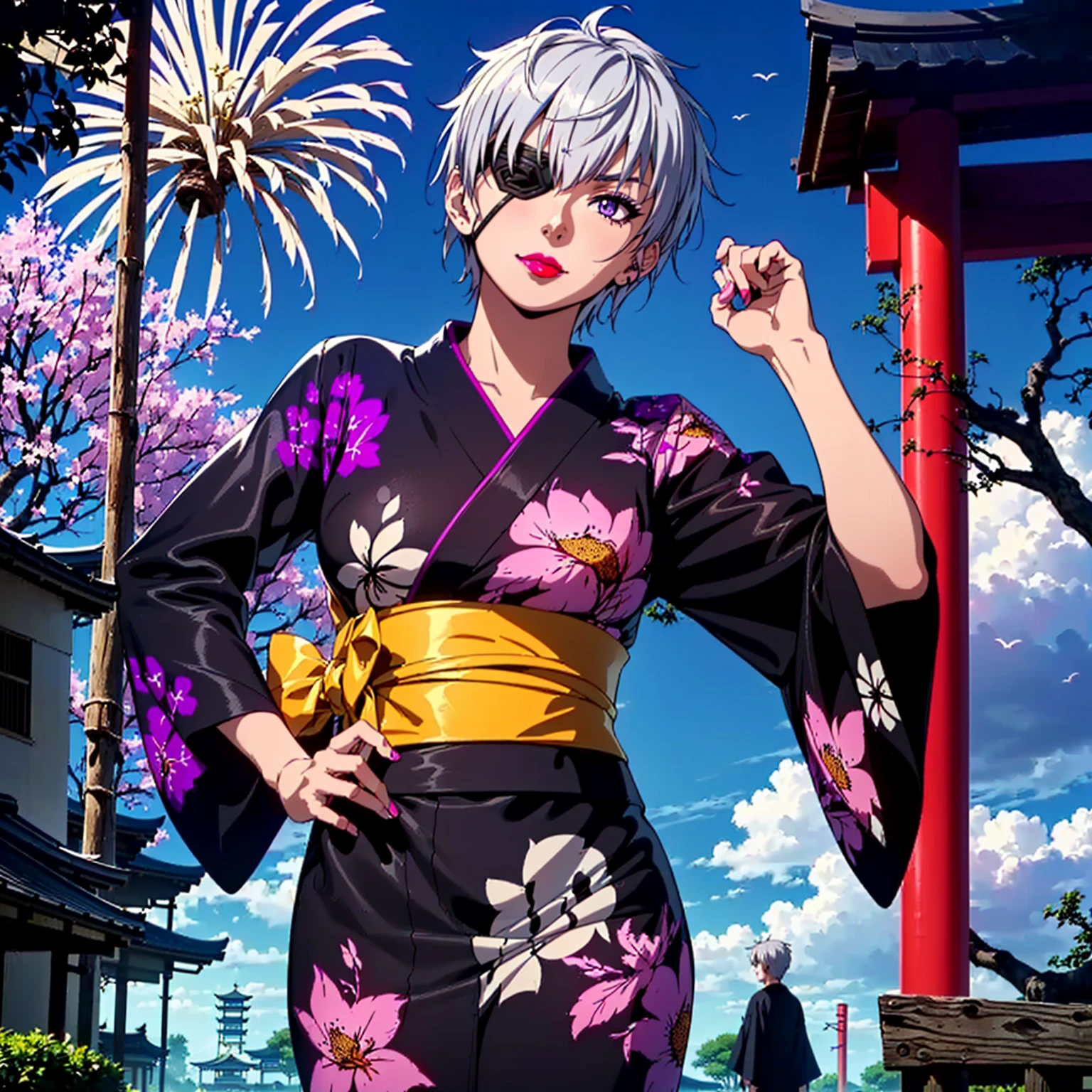 (1girl, Alone, alone), (najenda, short hair, (eye patch, purple eyes:1.3), grey hair, eyepatch, eye patch, single mechanical arm, Silver Hair,Short Hair, lilac eyes), ((Alone, (1woman,pink lipstick ), extremely detailed , Soft ambient lighting, 4K, perfect eyes, a perfect face, Perfect Lighting, the 1 girl)), ((fitness, , shapely body, athletic body, toned body)) , ((kimono, Yukata, Japanese garden, Japanese temple, forest, torii, trees, city in the background, red lipstick, clouds, smug, printed kimono, jacaranda trees, flowes, neckline, cleavage))