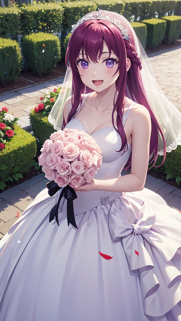 masterpiece, best quality, highres, girl, solo, long hair, purple hair, braid, purple eyes, wedding Dress, standing, garden, confetti, holding bouquet, smile, open mouth,