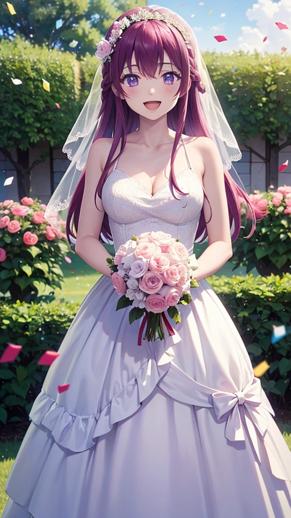 masterpiece, best quality, highres, girl, solo, long hair, purple hair, braid, purple eyes, wedding Dress, standing, garden, confetti, holding bouquet, smile, open mouth,