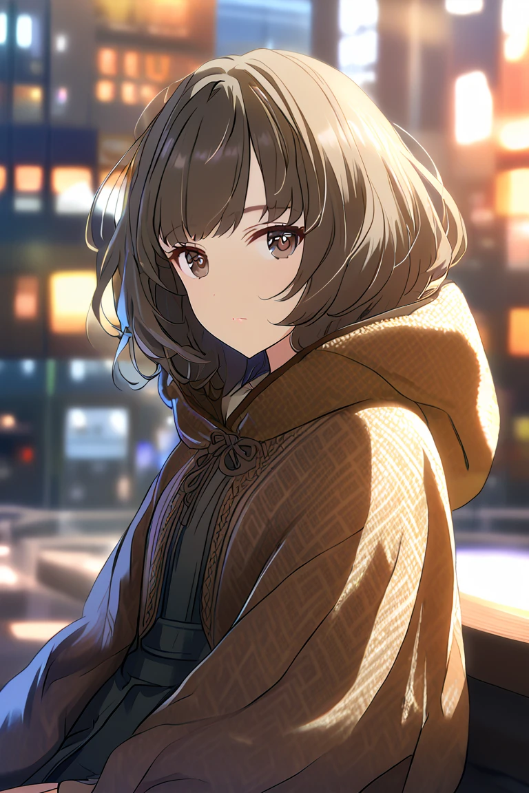 1girl, solo, brown_hair, hood, brown_eyes, looking_at_viewer, blurry_background, blurry, sitting, own_hands_together