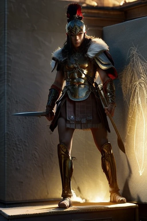 a close up of a person holding a sword and shield, ((full body showing on canvas:1.5)), MFBP1, bronze age, bronze, leather, European, helmet, north adult male warrior, Atlantean warrior, apsaras warrior, north male warrior, warrior dnd character, from pathfinder, male warrior, greek amazon warrior, concept art of a warrior, d&d dark sun character art, ancient warrior, warrior character design