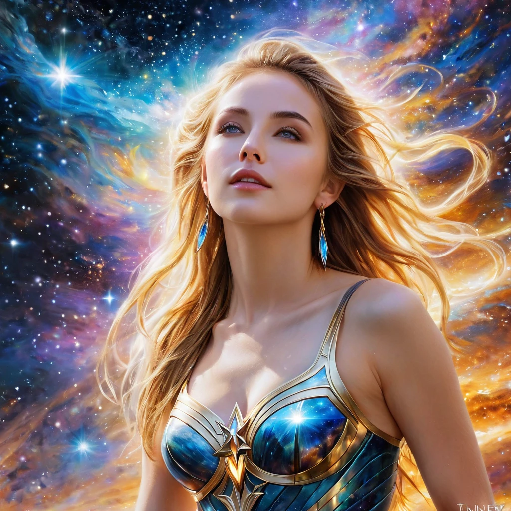 (Highest Quality,High Resolution,Masterpiece:1.2),Ultra-Detailed,(Realistic,Photorealistic,Photorealistic:1.37)(goddess of cosmic love:1.1,beautiful:1.1,astral body:1.1),divine goddess,celestial beauty,supernatural presence,spectacular cosmic entity,majestic celestial being,dazzling aura,ethereal radiance,transcendent elegance,(luminous energy:1.1),(immortal deity:1.2),heavenly grace,mystical attire,serene expression,golden hair flowing,(shimmering eyes:1.1),(ethereal beauty:1.1),magnificent celestial realm,divine love and compassion,colorful nebulae dancing in the background,glowing stardust particles floating around her,galaxies swirling around her as her divine power expands,infinite space stretching far beyond the horizon,hint of magic(twinkle of magic:1.1),cosmic rays bathing the scene in a celestial glow,(vibrant hues:1.1),(cosmic colors:1.1),soothing color palette,evoking feelings of peace and tranquility,majestic divine presence that fills the whole universe,magical atmosphere,(delicate details:1.1),fine brushstrokes creating intricate patterns,(ethereal strokes:1.1),(dreamlike strokes:1.1),highly detailed rendering of her celestial features,subtle gradients giving depth to the image,meticulously crafted textures that bring her to life,impeccably realistic portrayal,(impressive definition:1.1),(stunning realism:1.1),immaculate attention to detail as every strand of hair is visible,(impeccable photorealism:1.1),(ultra-detailed illustration:1.1),(masterpiece of art:1.1),perfectly composed composition with balanced lighting and shadows,soft yet vibrant illumination highlighting her divine beauty,magical glow emanating from her celestial body,subtle highlights and shadows adding depth and dimension,(sublime luminosity:1.1),(ethereal lighting:1.1),(radiant glow:1.1),(harmonious lighting:1.1)