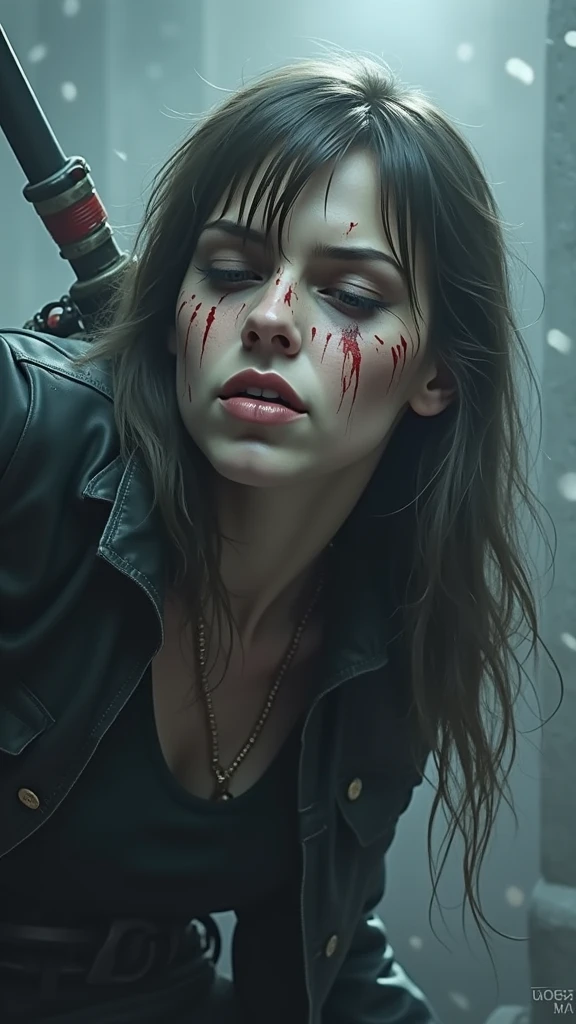 moody Depressed and disheveled zombie female in heavy rain, wearing smeared makeup, radiating a brooding atmosphere Blood drips onto the vinyl records scattered on the floor, staining them with a macabre crimson hue. The rain outside continues to pour, as if nature itself weeps for the unfolding tragedy within