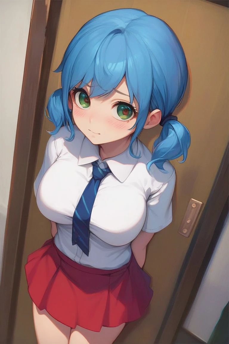 score_9, score_8_up, score_7_up, source_anime, best quality, clear face,shool skinny Nami-girl, bright blue hair, green eyes, medium hair, large breasts, perfect body, standing, looking at viewer,embrassed cute scared ,watered eyes, china d, dynamic angle, indoor, w,blushing,embrassed,cute boob,bend over, p,mini red skirt,plain white shirt,p with hand at side,kyah,cute,Short Twintails,extremely short skirt,