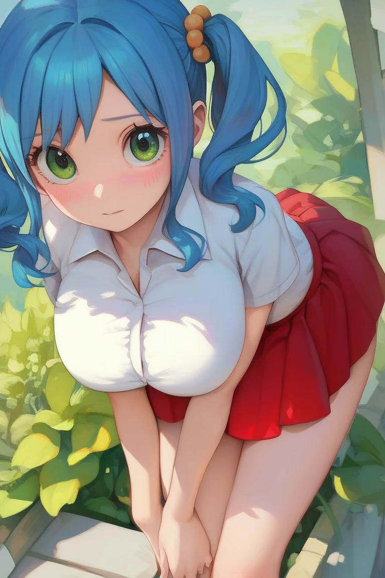 score_9, score_8_up, score_7_up, source_anime, best quality, clear face,shool skinny Nami-girl, bright blue hair, green eyes, medium hair, large breasts, perfect body, standing, looking at viewer,embrassed cute scared ,watered eyes, china d, dynamic angle, indoor, w,blushing,embrassed,cute boob,bend over, p,mini red skirt,plain white shirt,p with hand at side,kyah,cute,Short Twintails,extremely short skirt,