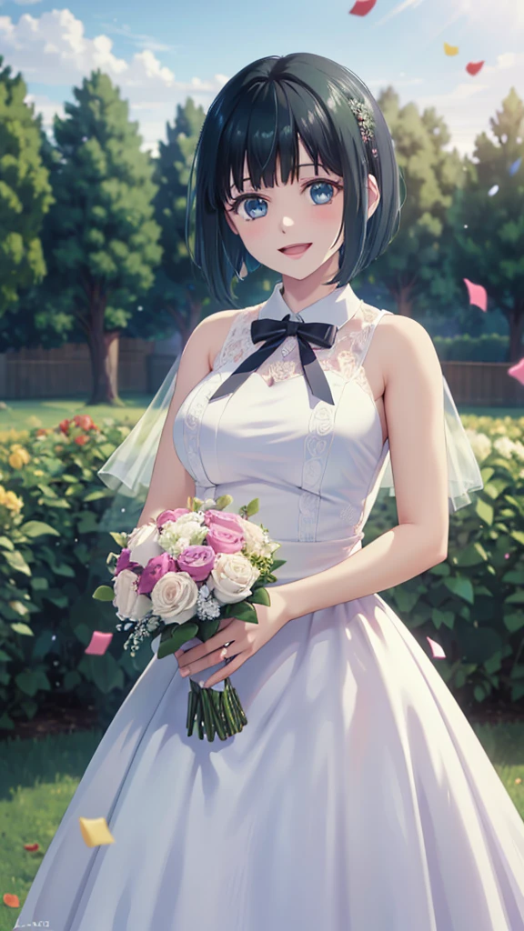 masterpiece, best quality, highres, 1girl, solo, short hair, green hair, bob cut, blue eyes, large breasts, wedding Dress, standing, garden, confetti, holding bouquet, smile, open mouth,